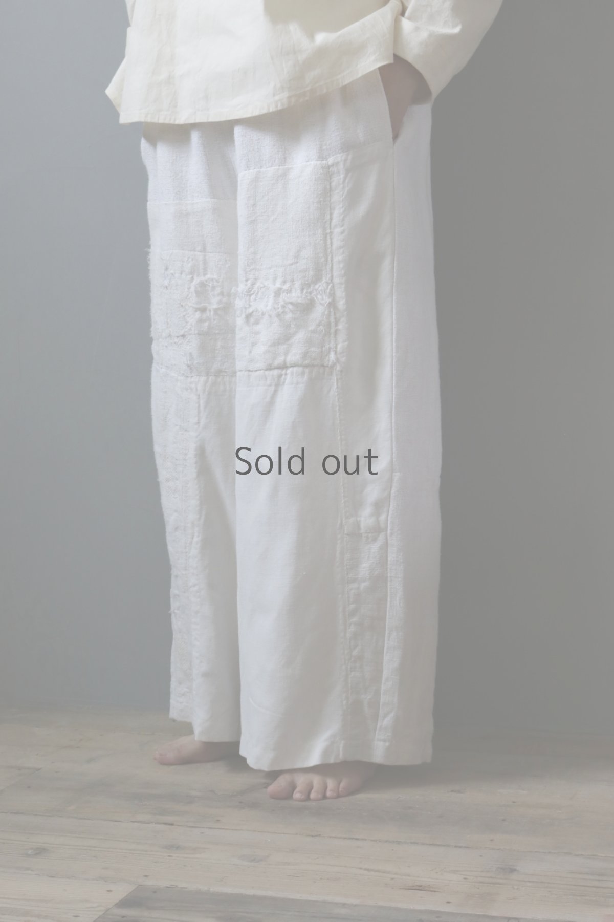 画像2: 【ササキチホ】アンティークリネン　BOROツギハギワイドパンツ／白b (2)